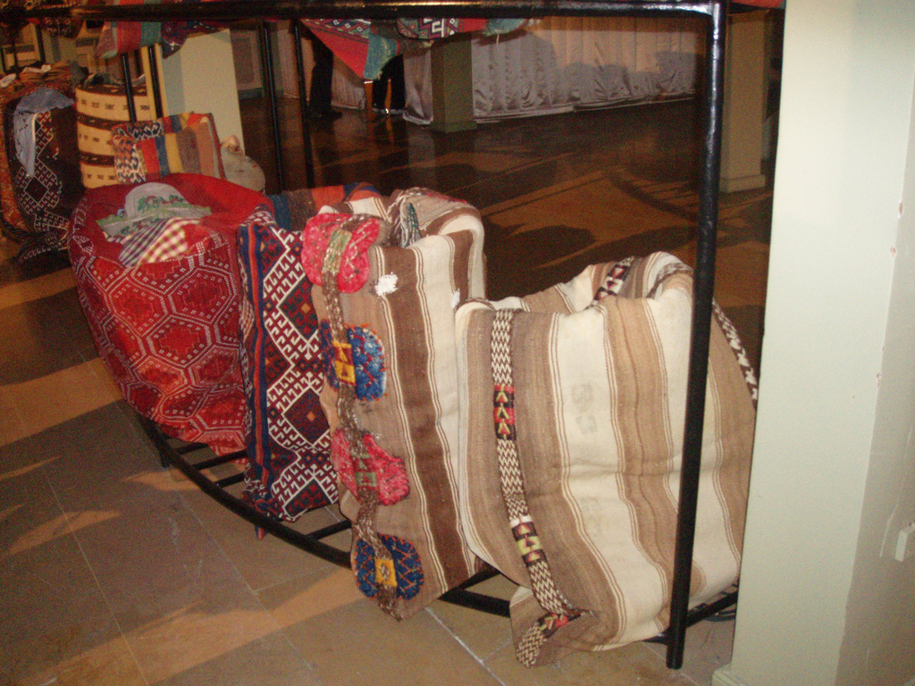 Striped food sacks and clothing sacks belonging to Anatolian Turkmens put next to each others. Josephine Powell exhibition, Koç Foundation, 2006