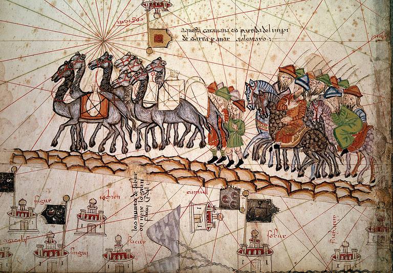 Medieval picture depicting the journey of MArco Polo Crossing the Silk Road 14th century