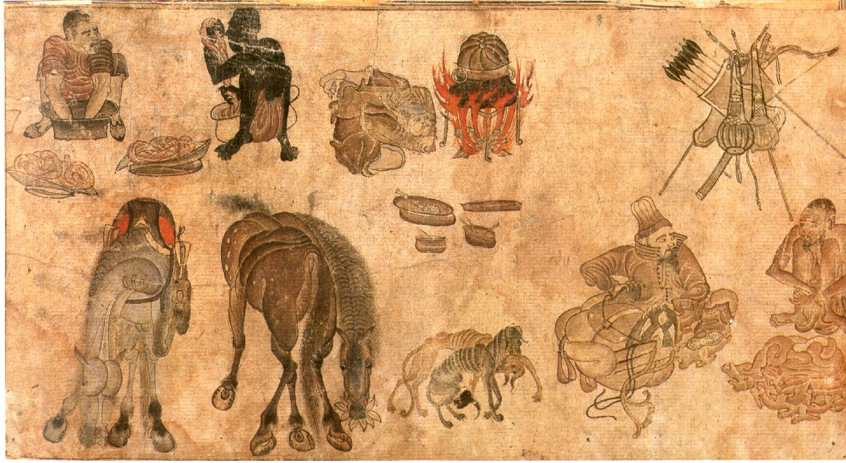Turkmen warriors in a small encampment, miniature of Mehmet Siyahkalem 14th century